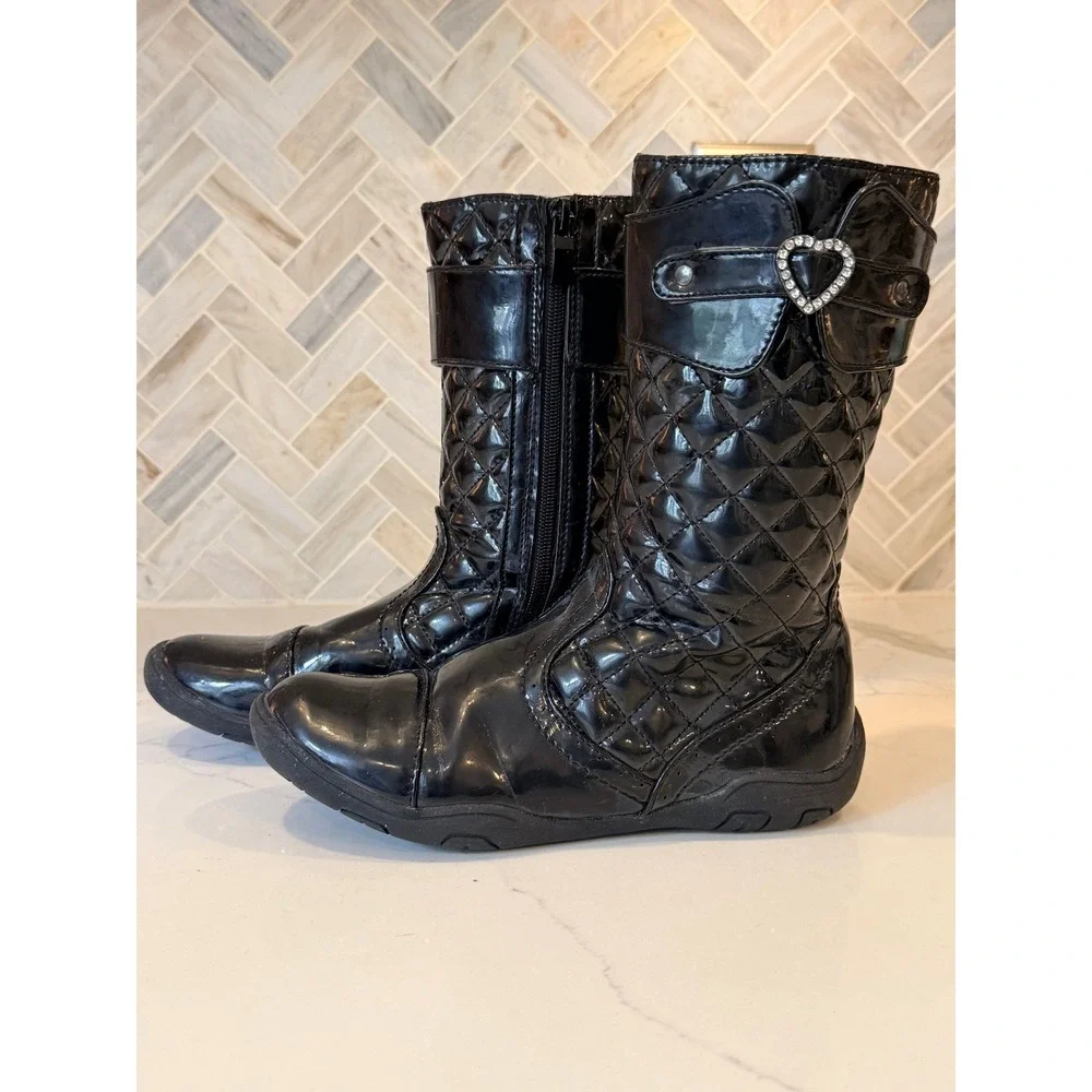 Girls Black Patent Quilted Mid Calf Boots Rhinestone Heart Buckle Size 4